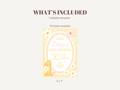 First Birthday Invitation Template - Daisy Yellow and Pink (Digital Download)