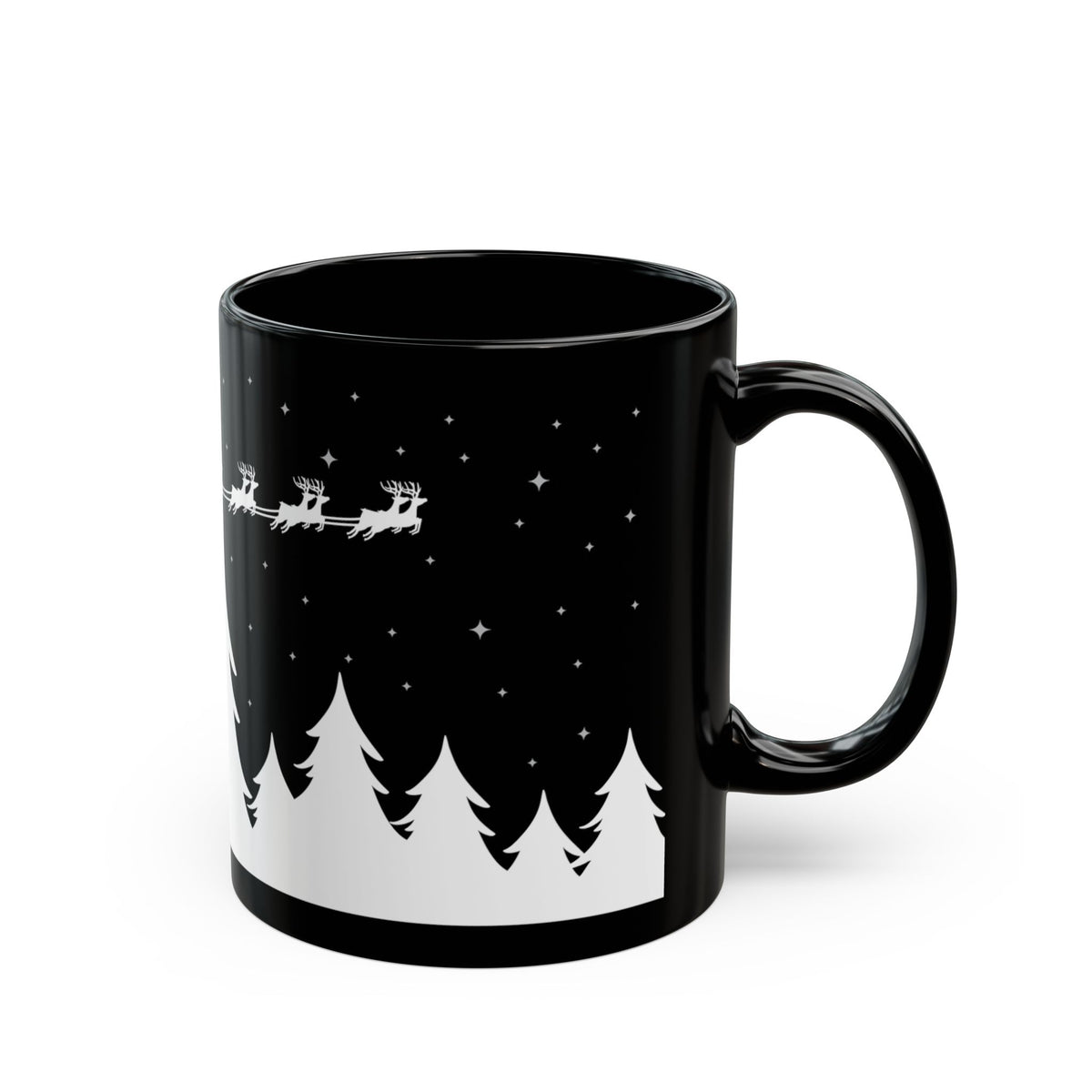 Christmas Night Santa Mug – Black Holiday Coffee Cup with Sleigh & Pine Tree Silhouette (11oz, 15oz)