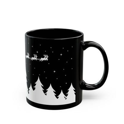 Christmas Night Santa Mug – Black Holiday Coffee Cup with Sleigh & Pine Tree Silhouette (11oz, 15oz)