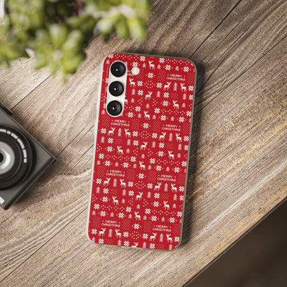 Christmas Ugly Sweater Reindeer Phone Case — "Merry Christmas" Red Holiday Flexi Case
