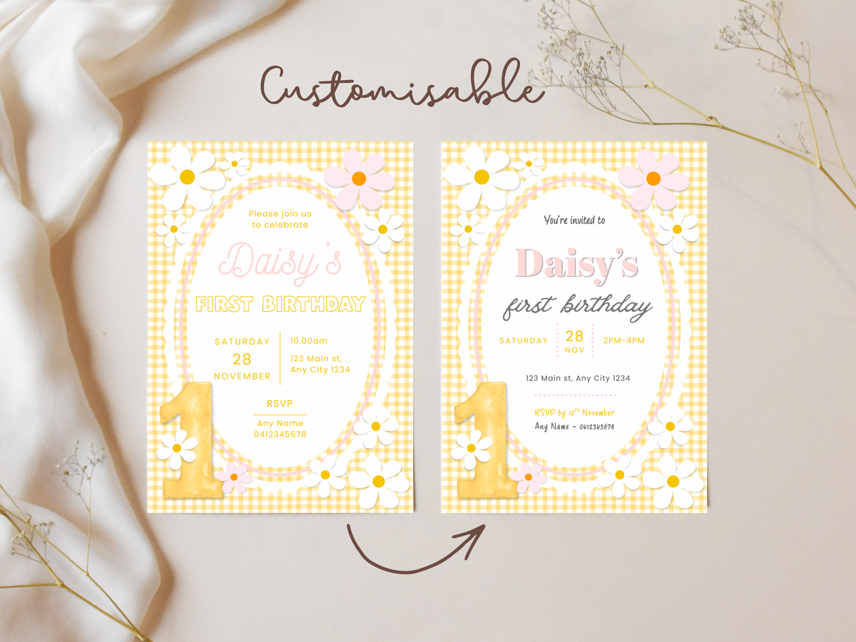 First Birthday Invitation Template - Daisy Yellow and Pink (Digital Download)