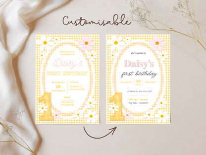 First Birthday Invitation Template - Daisy Yellow and Pink (Digital Download)
