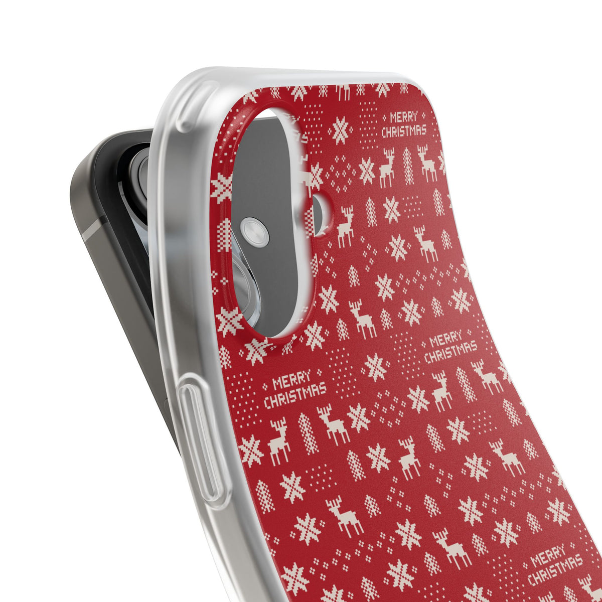 Christmas Ugly Sweater Reindeer Phone Case — "Merry Christmas" Red Holiday Flexi Case