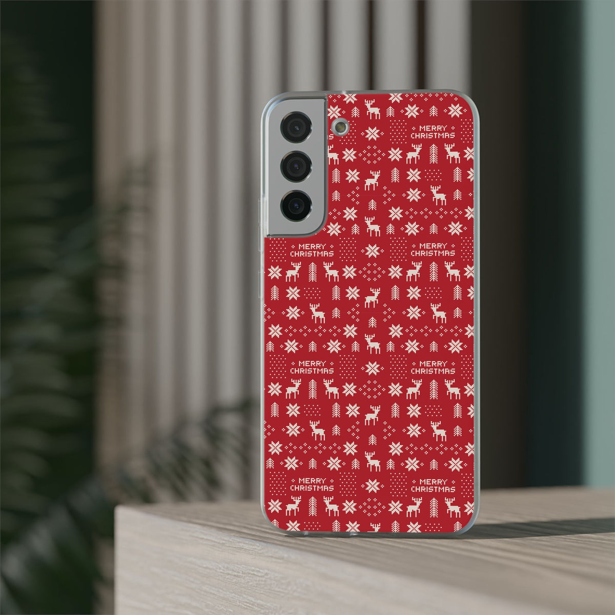 Christmas Ugly Sweater Reindeer Phone Case — "Merry Christmas" Red Holiday Flexi Case