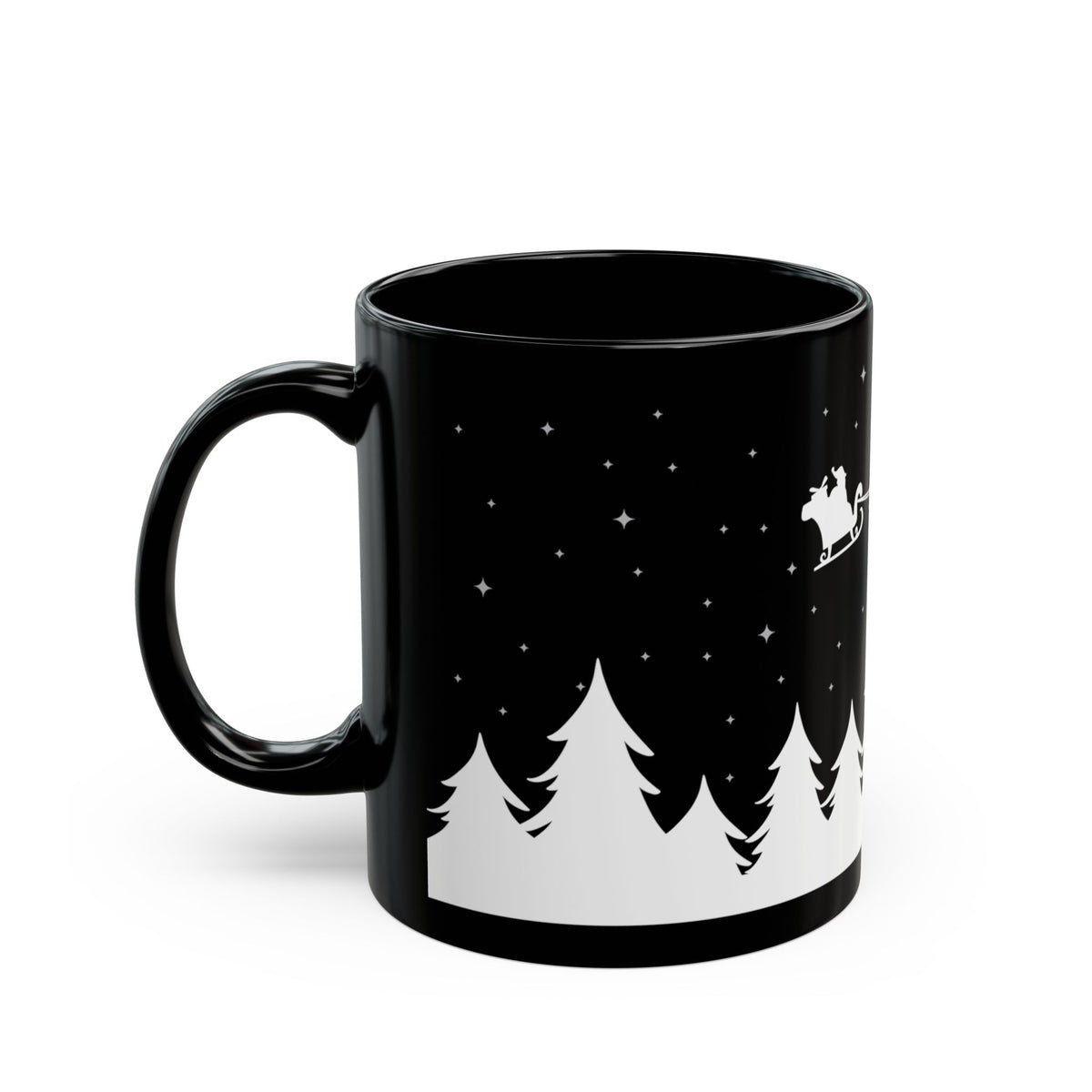 Christmas Night Santa Mug – Black Holiday Coffee Cup with Sleigh & Pine Tree Silhouette (11oz, 15oz)