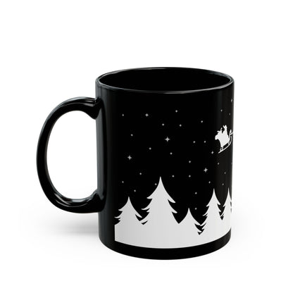 Christmas Night Santa Mug – Black Holiday Coffee Cup with Sleigh & Pine Tree Silhouette (11oz, 15oz)