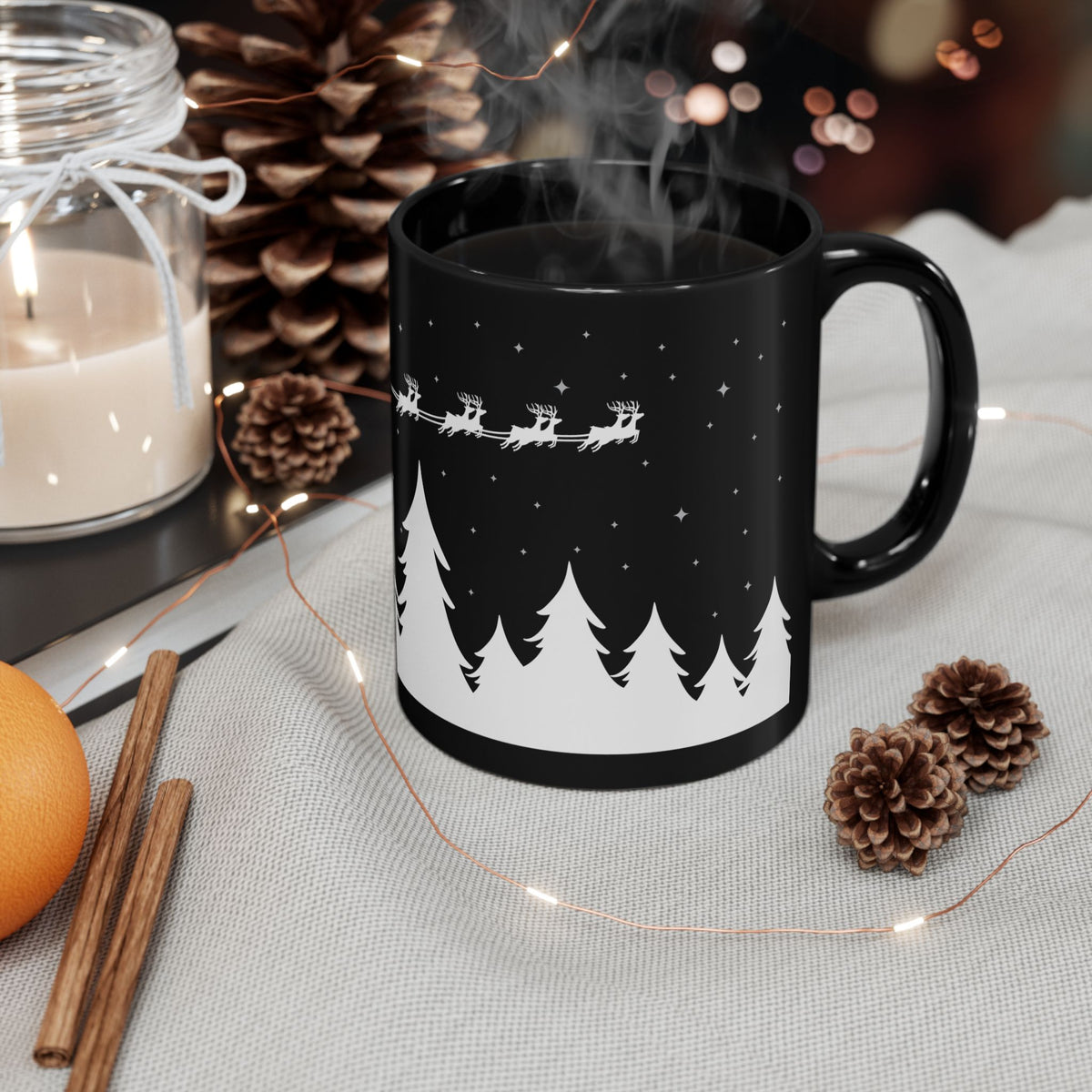 Christmas Night Santa Mug – Black Holiday Coffee Cup with Sleigh & Pine Tree Silhouette (11oz, 15oz)