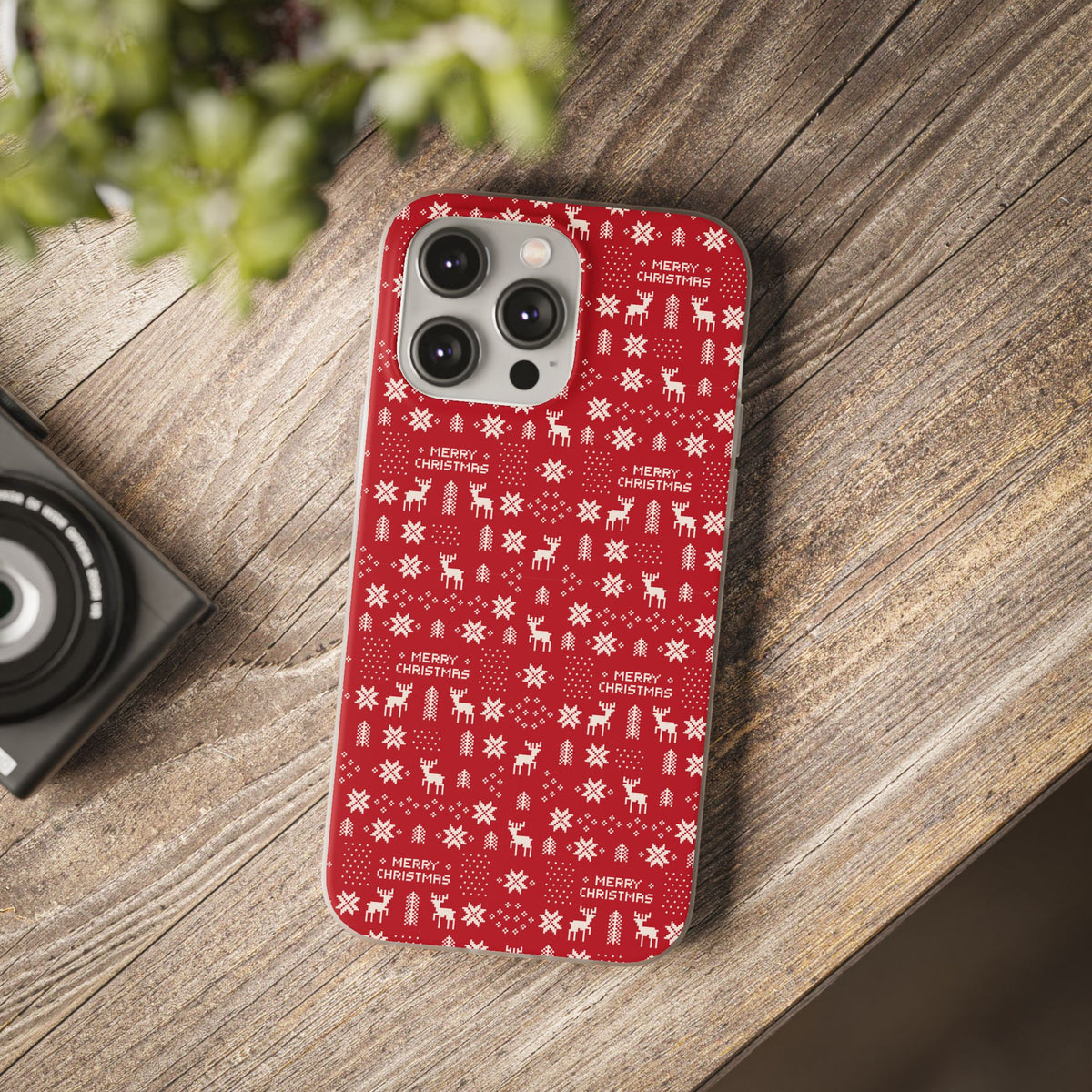 Christmas Ugly Sweater Reindeer Phone Case — "Merry Christmas" Red Holiday Flexi Case