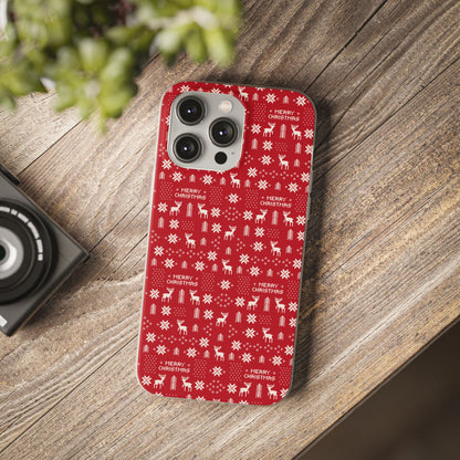 Christmas Ugly Sweater Reindeer Phone Case — "Merry Christmas" Red Holiday Flexi Case