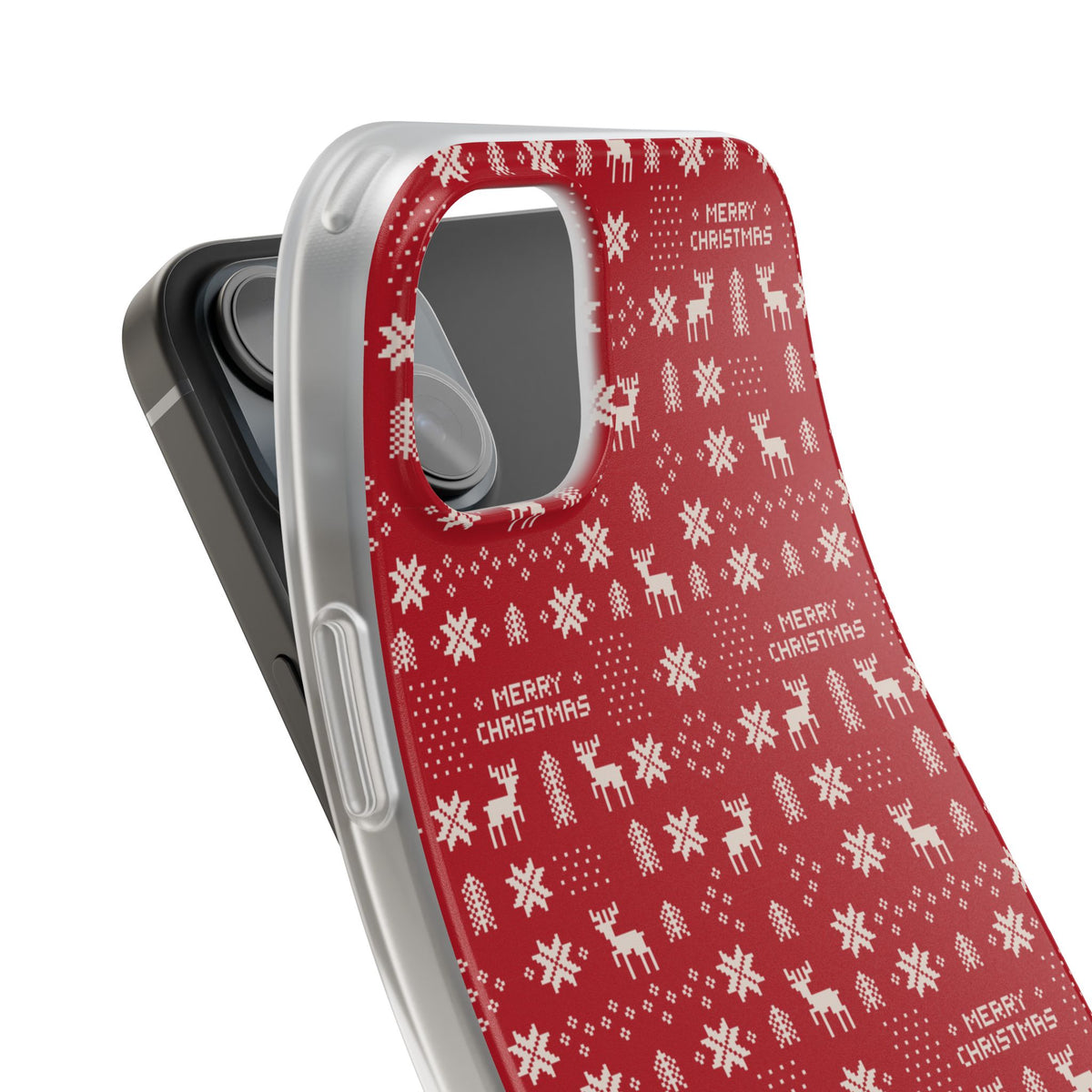 Christmas Ugly Sweater Reindeer Phone Case — "Merry Christmas" Red Holiday Flexi Case