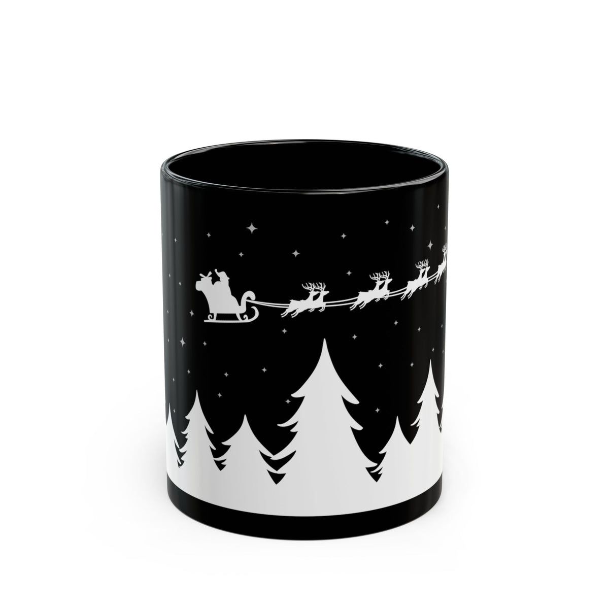 Christmas Night Santa Mug – Black Holiday Coffee Cup with Sleigh & Pine Tree Silhouette (11oz, 15oz)