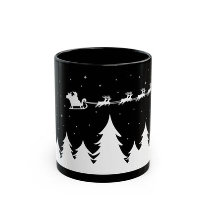 Christmas Night Santa Mug – Black Holiday Coffee Cup with Sleigh & Pine Tree Silhouette (11oz, 15oz)