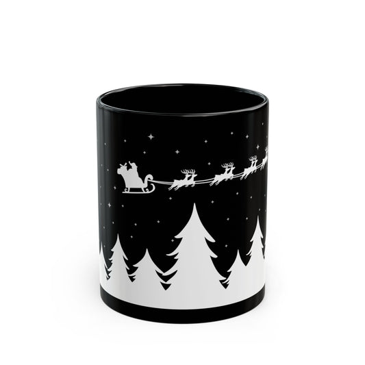 Christmas Night Santa Mug – Black Holiday Coffee Cup with Sleigh & Pine Tree Silhouette (11oz, 15oz)