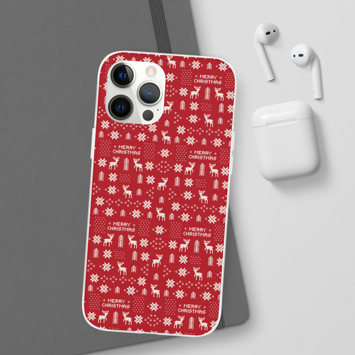 Christmas Ugly Sweater Reindeer Phone Case — "Merry Christmas" Red Holiday Flexi Case