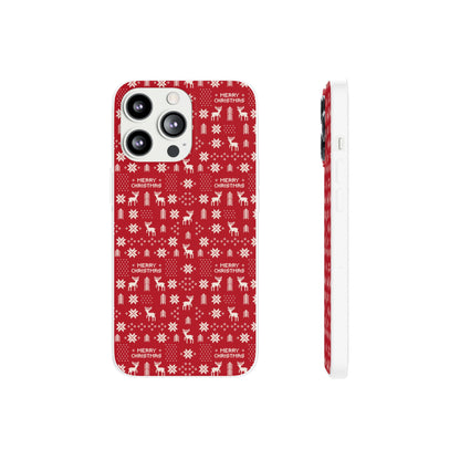 Christmas Ugly Sweater Reindeer Phone Case — "Merry Christmas" Red Holiday Flexi Case