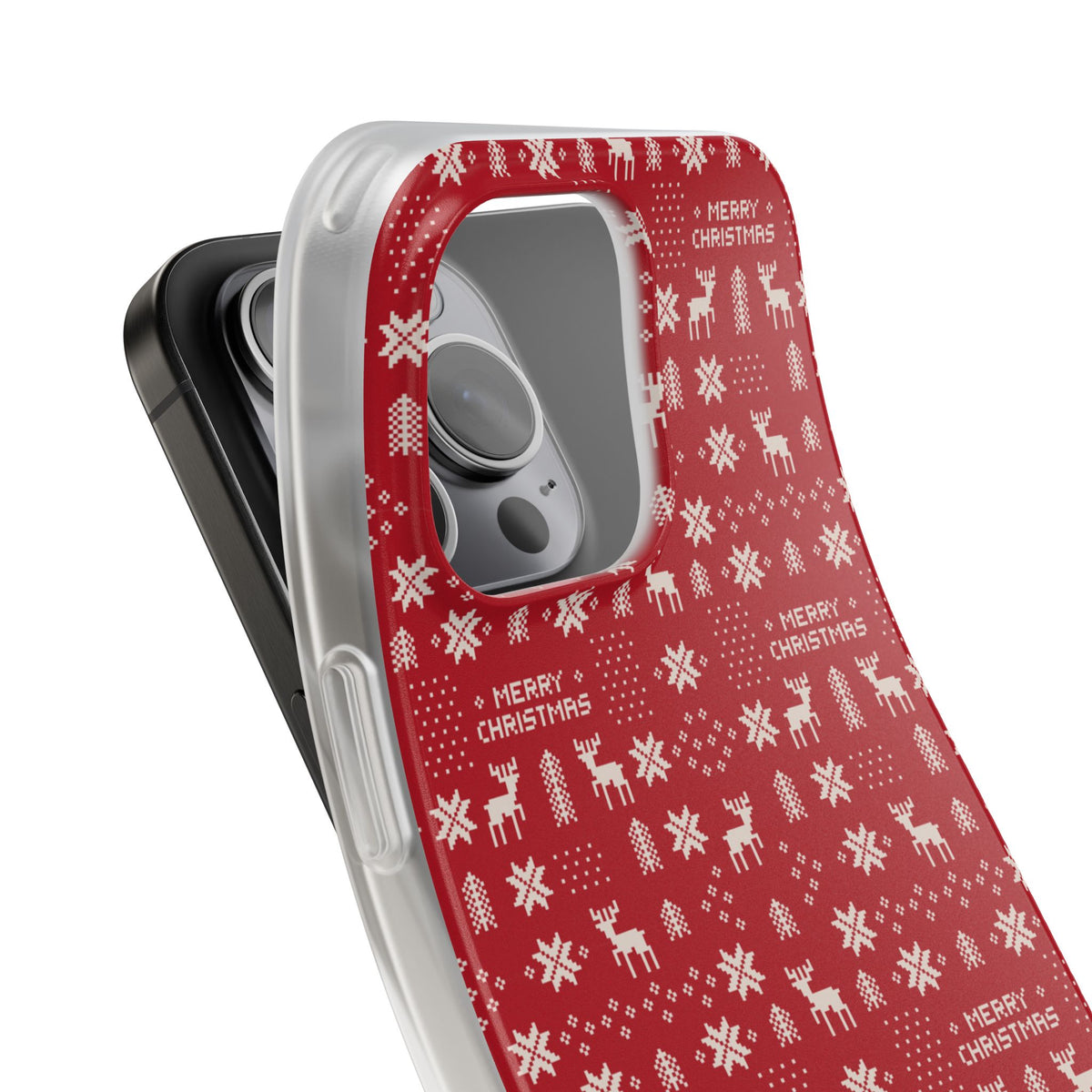 Christmas Ugly Sweater Reindeer Phone Case — "Merry Christmas" Red Holiday Flexi Case