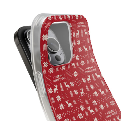 Christmas Ugly Sweater Reindeer Phone Case — "Merry Christmas" Red Holiday Flexi Case
