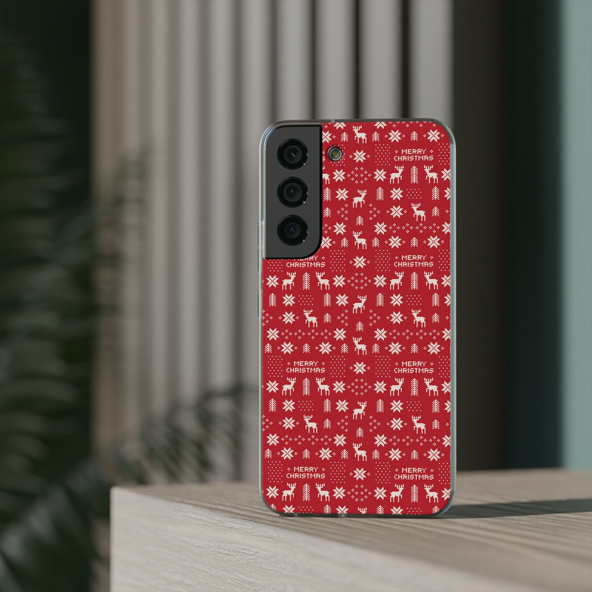 Christmas Ugly Sweater Reindeer Phone Case — "Merry Christmas" Red Holiday Flexi Case