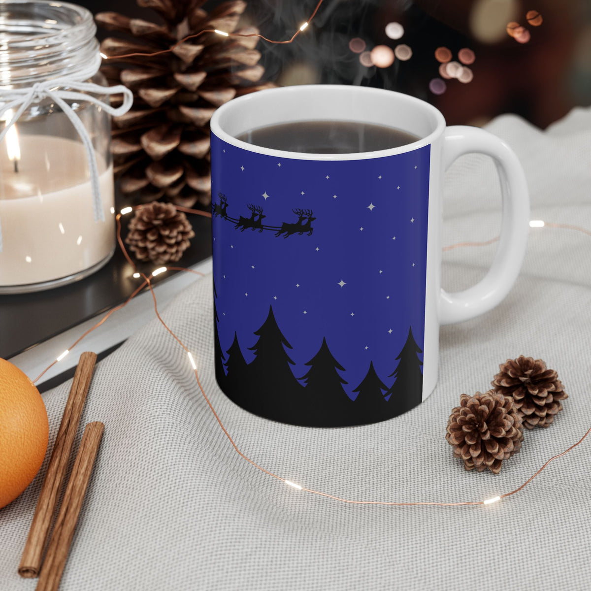 Santa Sleigh Silhouette Ceramic Mug | Night Sky Christmas Coffee Cup
