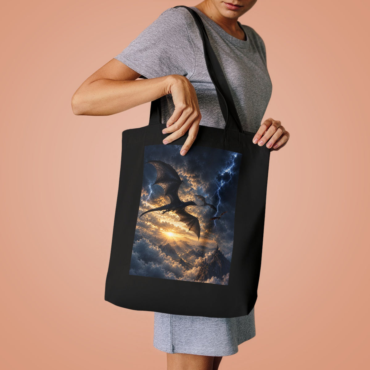 Dragon Storm Cotton Tote Bag — Fantasy Lightning Sky Tote for Book Lovers & Gamers