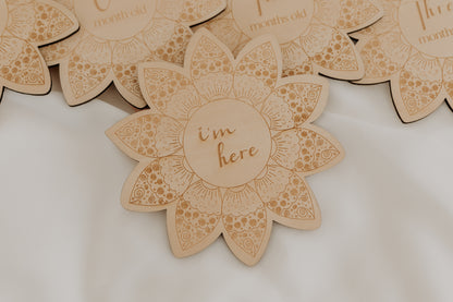 I'm here boho flower baby announcement plaque disc, baby birth announcement engraved wooden disc