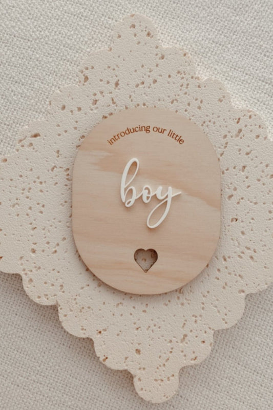 Baby Boy Birth Gender Reveal Announcement Wooden Disc, Double Sided Boy Girl Announcement Plaque