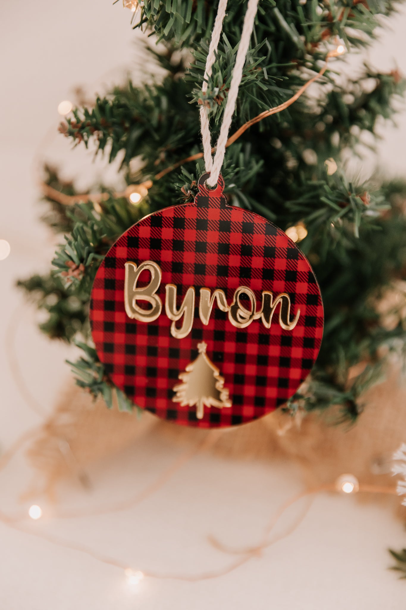 Red Plaid Christmas tree bauble, personalised xmas bauble