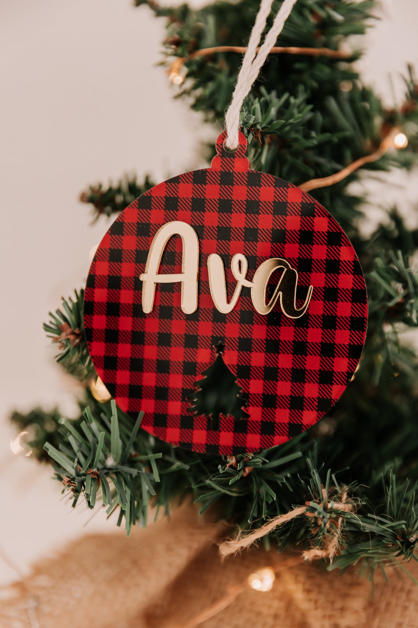 Red Plaid Christmas tree bauble, personalised xmas bauble