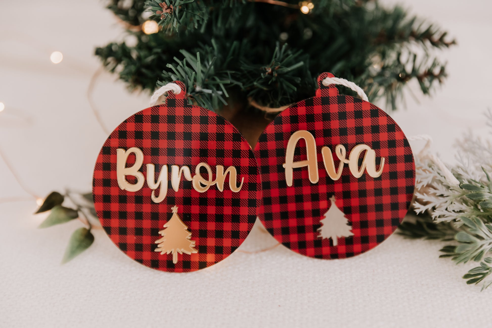 Red Plaid Christmas tree bauble, personalised xmas bauble