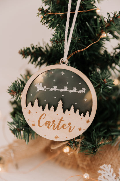 Starry Night Christmas Tree Bauble, engraved personalised wood and acrylic xmas bauble