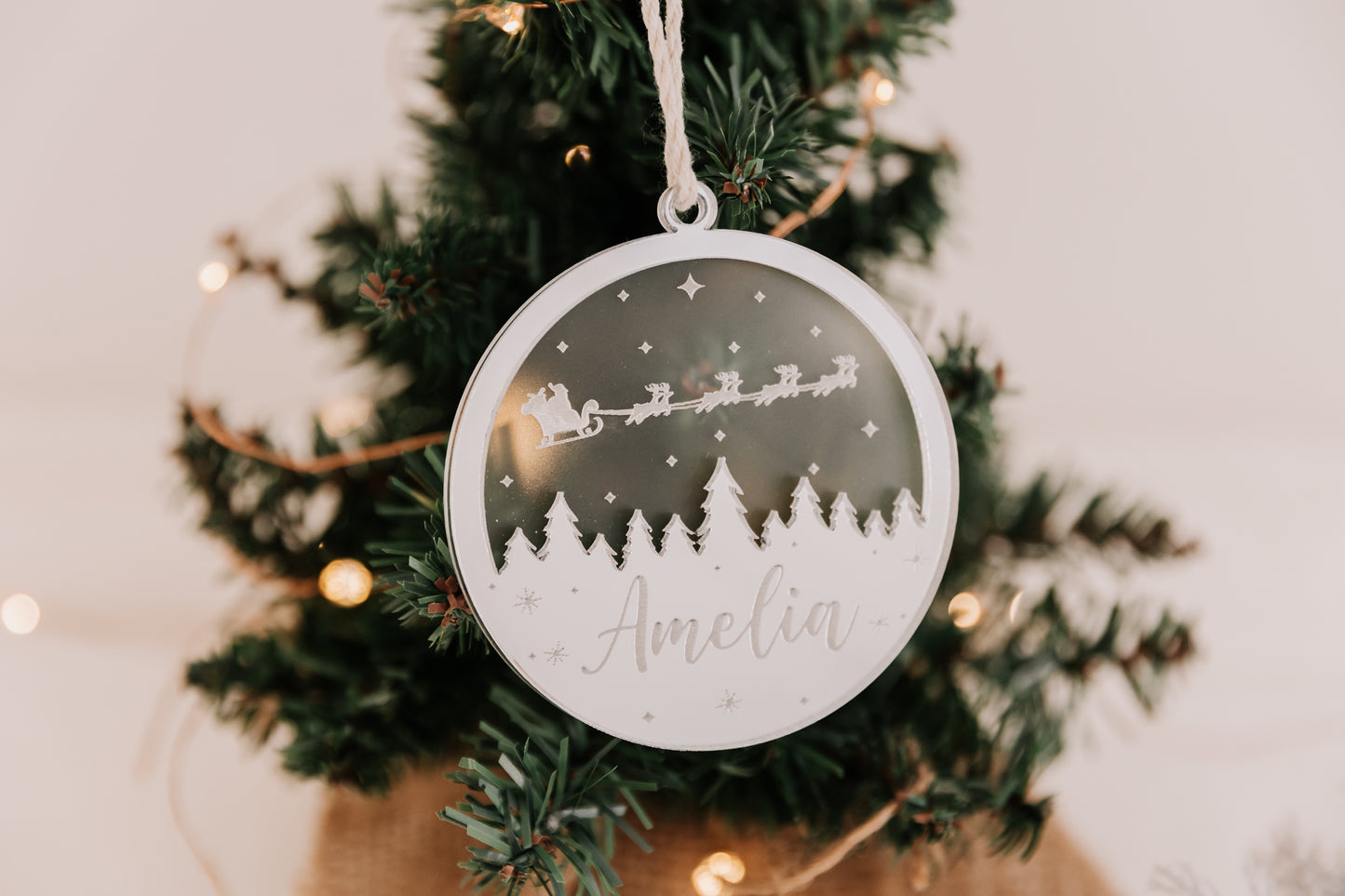 Starry Night Christmas Tree Bauble, engraved personalised mirror acrylic xmas bauble