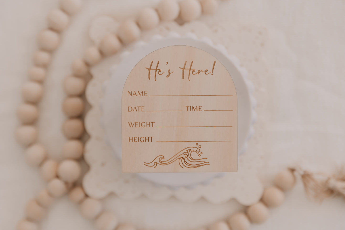 Wooden engraved wave baby birth announcement plaque, he's here birth announcement disc for boy, ocean waves