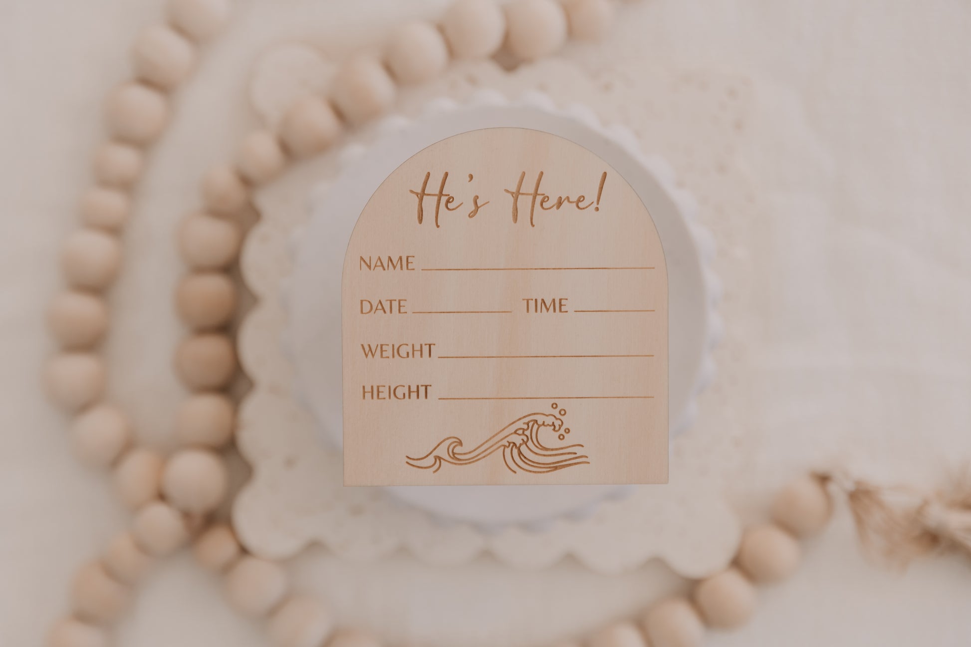 Wooden engraved wave baby birth announcement plaque, he's here birth announcement disc for boy, ocean waves