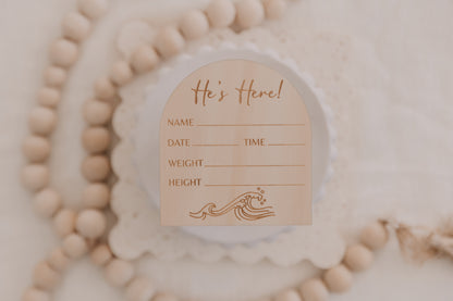 Wooden engraved wave baby birth announcement plaque, he's here birth announcement disc for boy, ocean waves