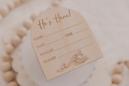 Wooden engraved wave baby birth announcement plaque, he's here birth announcement disc for boy