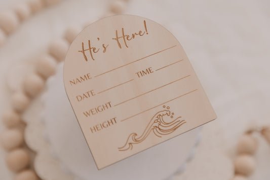 Wooden engraved wave baby birth announcement plaque, he's here birth announcement disc for boy