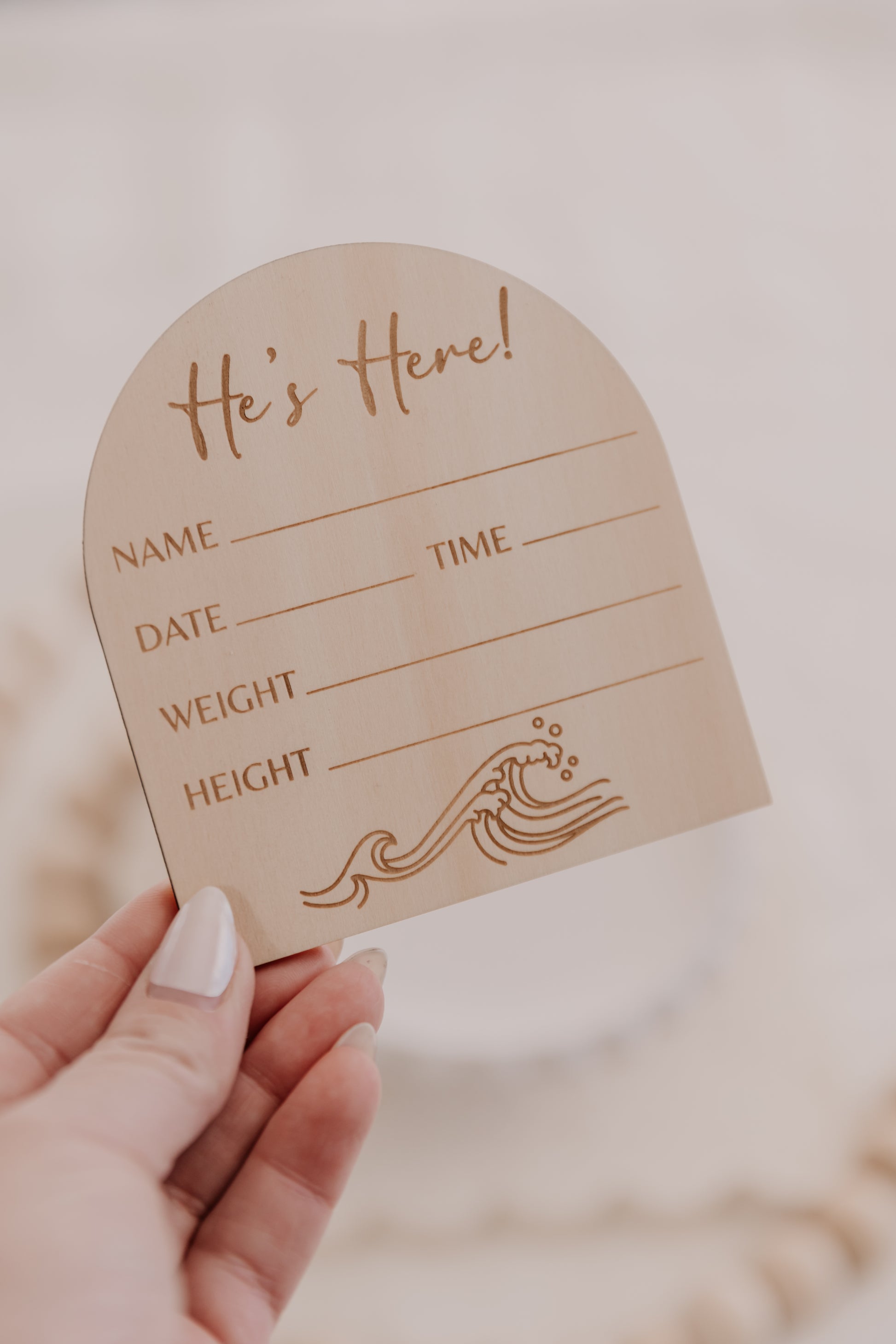 Wooden engraved wave baby birth announcement plaque, he's here birth announcement disc for boy, ocean waves