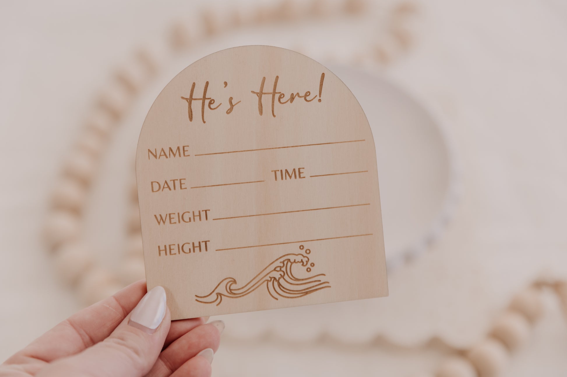 Wooden engraved wave baby birth announcement plaque, he's here birth announcement disc for boy