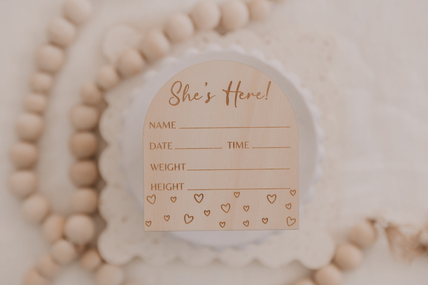 Wooden engraved hearts baby birth announcement plaque, she's here birth announcement disc for girl, little engraved hearts