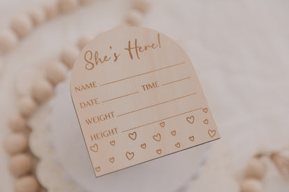 Wooden engraved hearts baby birth announcement plaque, she's here birth announcement disc for girl, little engraved hearts