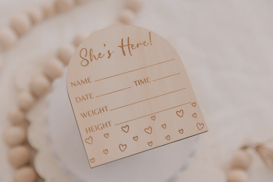 Wooden engraved hearts baby birth announcement plaque, she's here birth announcement disc for girl, little engraved hearts