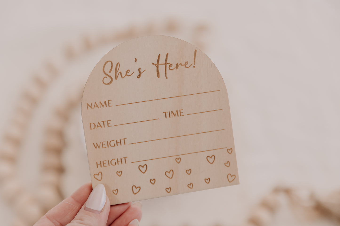 Wooden engraved hearts baby birth announcement plaque, she's here birth announcement disc for girl, little engraved hearts