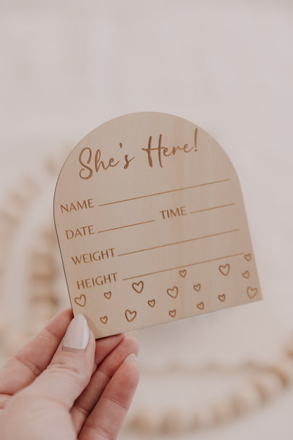 Wooden engraved hearts baby birth announcement plaque, she's here birth announcement disc for girl, little engraved hearts