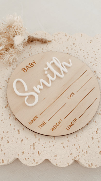 Baby Birth Announcement Plaque Baby Surname personalised acrylic,  baby name disc birth details