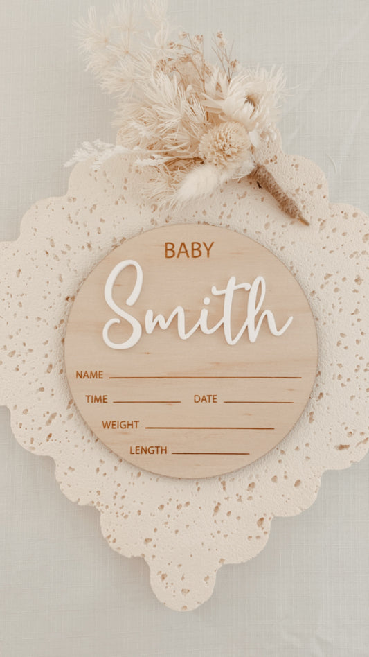 Baby Birth Announcement Plaque Baby Surname personalised acrylic