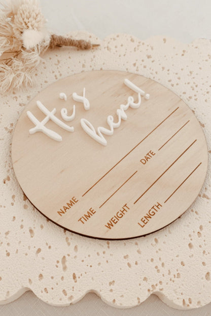 Baby Birth Announcement Plaque He's Here Baby Boy,  baby name disc birth details