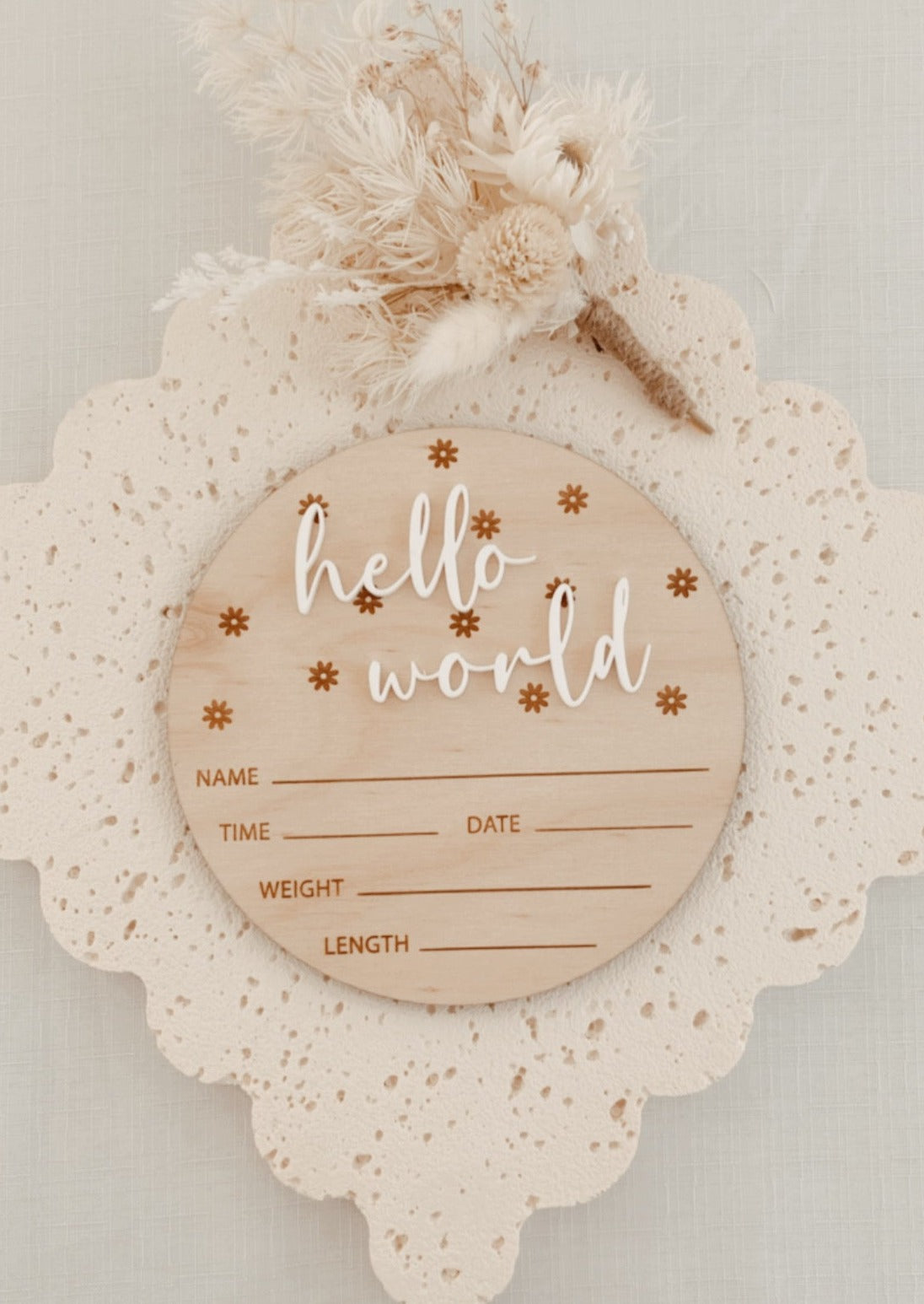 Baby Birth Announcement Plaque Hello World engraved flowers,  baby name disc birth details