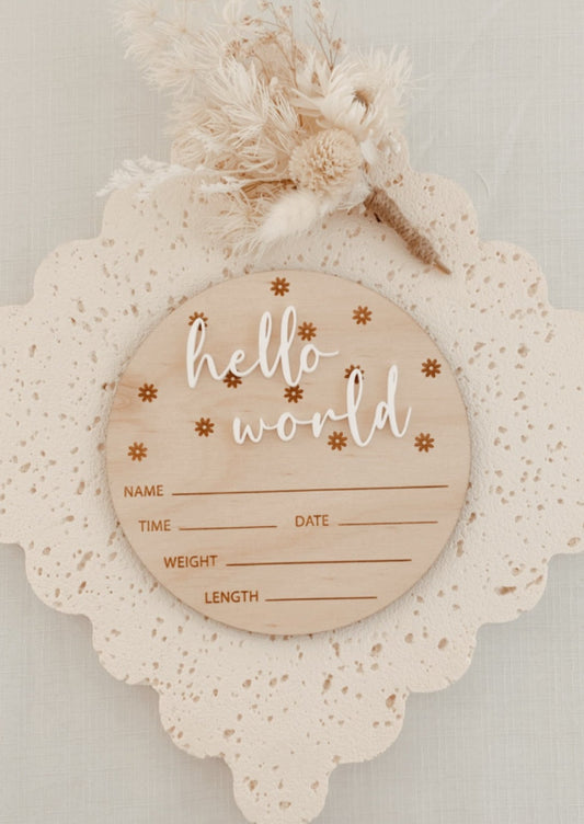 Baby Birth Announcement Plaque Hello World engraved flowers