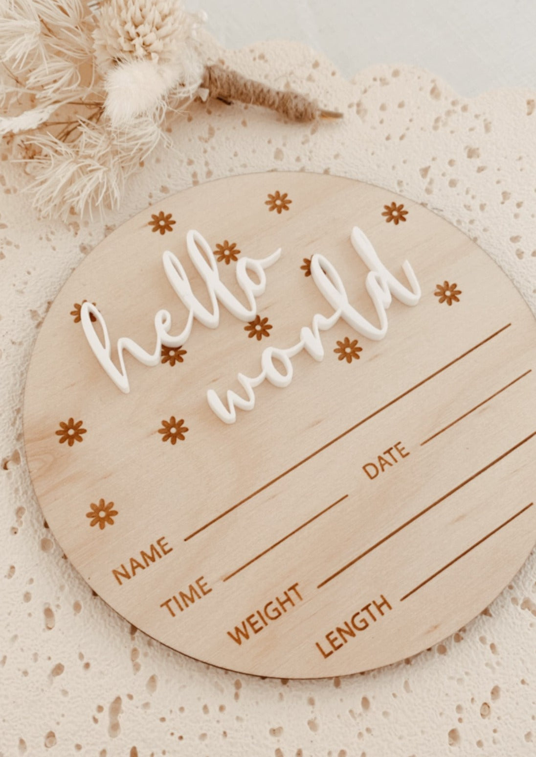 Baby Birth Announcement Plaque Hello World engraved flowers,  baby name disc birth details