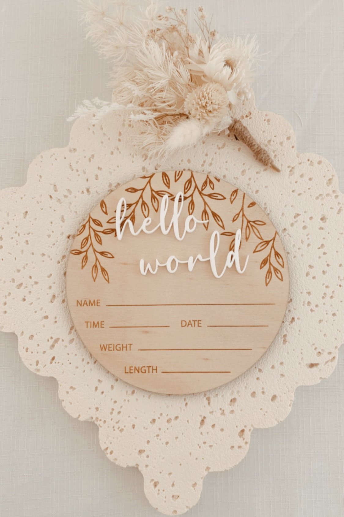 Baby Birth Announcement Plaque Hello World engraved leaves,  baby name disc birth details